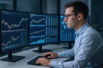 Fototapeta premium Focused Trader Analyzing Financial Data on Multiple Screens in a Modern Office Environment