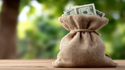 Burlap Sack Overflowing with US Dollar Bills Symbolizing Wealth and Financial Success on Wooden Table