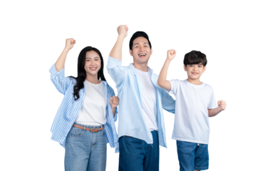 Asian family of three exuding happiness with arms raised in a joyful celebration on png background