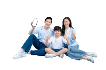 Asian Family with Smartphone showing thumbs up on png background 