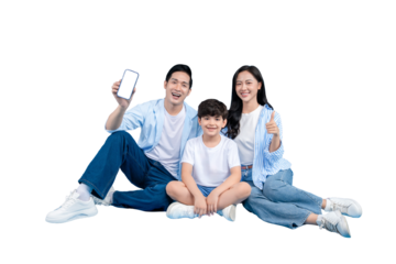 A happy Asian family posing together and holding a smartphone on png background