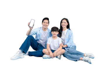 A Asian family of three posing with a smartphone. A happy family sits together, smiling warmly and holding a phone with a blank screen. A lovely family sits together and smiles on png background.