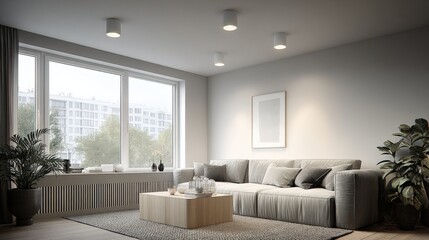 Modern Living Room Interior with Neutral Colors, Large Window, Comfortable Couch, and Minimalist Decor