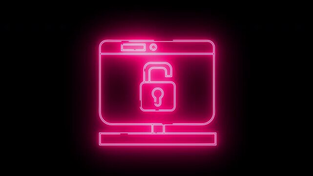 monitor screen icon and open padlock icon with neon effect