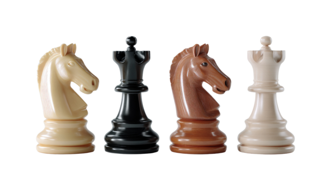 Chess Piece Lineup: A quartet of chess pieces stands in poised arrangement against a stark background, inviting strategic contemplation and the silent thrill of intellectual competition.