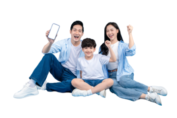 A Asian family of three smiling and showing the blank screen of the mobile phone