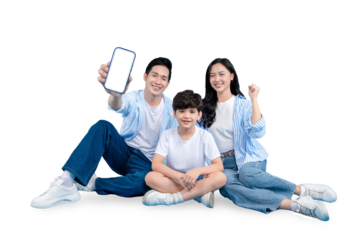 Asian Family of three showing a blank screen on a mobile phone and posing while smiling, representing modern technology and communication on png background