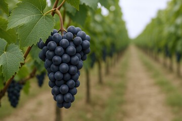 Fototapeta premium Lush Bunch of Red Grapes Hanging in a Vineyard, Representing Winemaking, Agriculture, and Viticulture