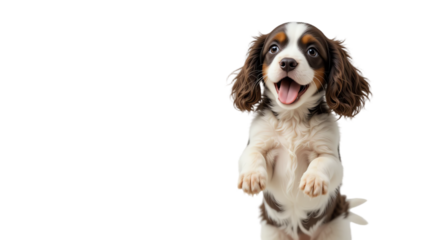 Cute puppy dog with joyful expression playful pose and adorable furry coat captured in a professional studio shot on a black background perfect for pet lovers and animal
