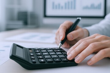 Fototapeta premium Financial Planning and Analysis: Close-up of Calculator and Pen, Representing Accounting, Budgeting and Investment Strategies
