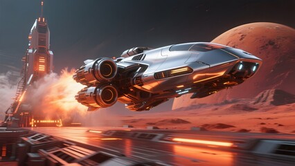 Futuristic spacecraft launching from a space station near a red planet