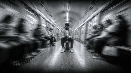 Monochrome Image of a Man Sitting Alone in a Subway Car with Blurred Passengers
