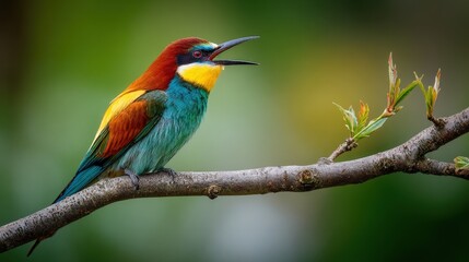Obraz premium Vibrant European Bee-Eater Perched on Branch, Communicating, Beautiful Plumage and Colorful Wildlife, Detailed Shot