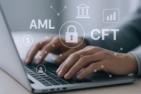 Anti-Money Laundering Compliance: Businessman Typing on Laptop with AML CFT Icons, Emphasizing Financial Security and Regulation