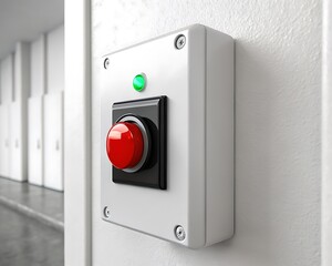 Industrial red emergency push button with green indicator on wall panel 