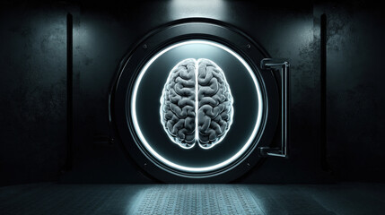 3D vault door with AI brain relief carving luminous outline security tech fusion illustration concept scene visual for commercial design use high detail quality stock image illustration concept scene 