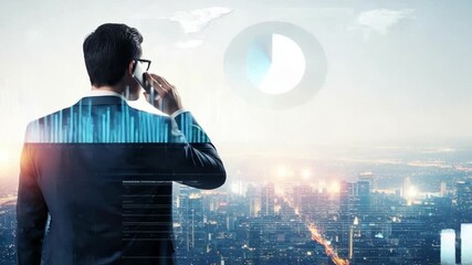 Businessman talking on phone with cityscape overlay and data graphs in a modern setting view - Powered by Adobe