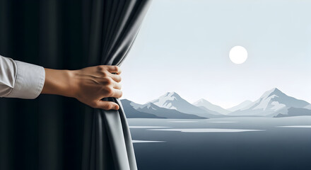 Hand pulling back curtain mountain view
