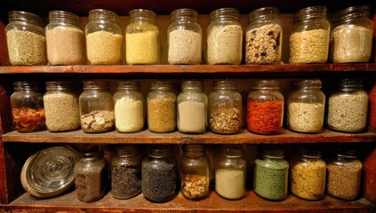 Various grains and seeds in glass jars on wooden shelves.