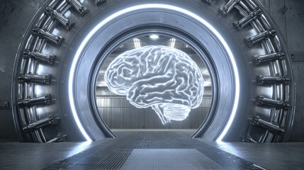 3D vault door with AI brain relief carving luminous outline security tech fusion illustration concept scene visual for commercial design use high detail quality stock image illustration concept scene 