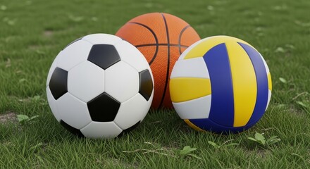 Fototapeta premium Three balls soccer basketball volleyball sit on a lawn of grass