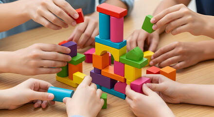 Hands building tower with colorful blocks