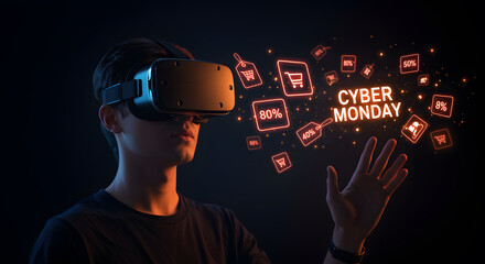 Young Man Wearing Virtual Reality Headset Interacting with Cyber Monday Discount Icons