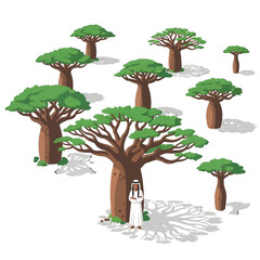 Pixelated Baobab Trees And Figure In Desert Landscape With Sunlight And Shadows