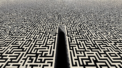 Maze of white lines and black squares. The maze is very intricate and has many twists and turns. The lines and squares are all different sizes and shapes, creating a sense of depth