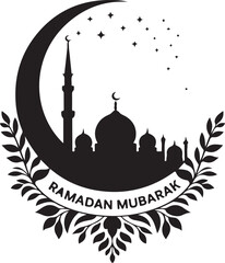 Mosque Silhouette in Crescent Moon with Starry Night A Symbol of Islamic Art and Culture

