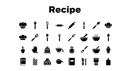 Recipe icons set: cooking, food, and culinary symbols.