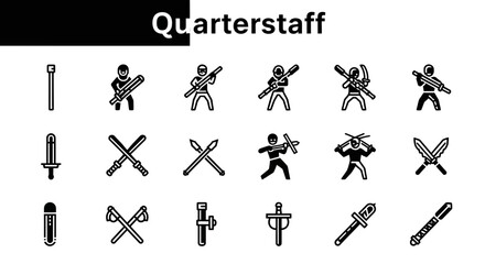 Quarterstaff icons set: medieval, weapon, and fantasy symbols.