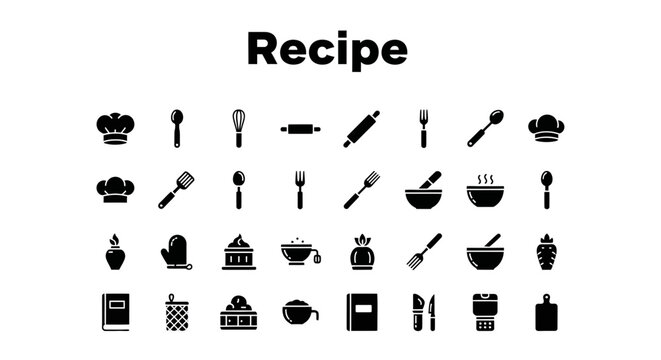 Recipe icons set: cooking, food, and culinary symbols.