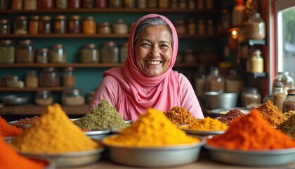 Smiling Indian woman owner in vibrant spice shop. Colorful herbs, seasonings fill shelves. Culinary diversity, local culture, fresh ingredients. Authentic small business, traditional India food