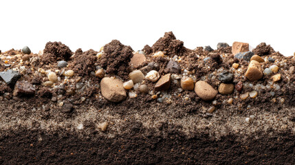 Cross-Sectional Soil View: A meticulously captured cross-sectional view reveals the intricate composition of soil, showcasing layers of rich earth, various rocks and stones.