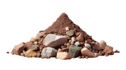 Pile of Rocks and Dirt: A close-up shot reveals a pile of various rocks and dirt against a bright backdrop, showcasing the textures and details of nature's raw materials.