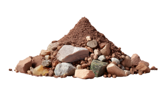 Pile of Rocks and Dirt: A close-up shot reveals a pile of various rocks and dirt against a bright backdrop, showcasing the textures and details of nature's raw materials.