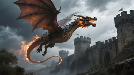 A majestic dragon breathing fire flies over a medieval castle under a stormy sky.