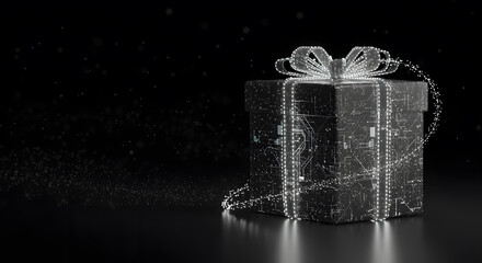 Futuristic Digital Gift Box with Ribbon in Dark Background for Technology and Holiday Celebrations