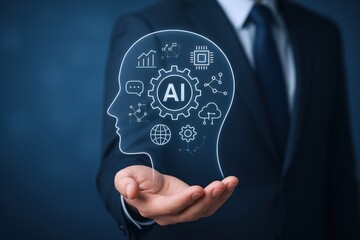 Artificial Intelligence Concept: Businessman Holding Head Outline with AI Icons for Digital Transformation