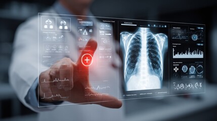 Doctor Analyzing Patient X-Ray on Futuristic Screen: Advanced Medical Technology and Healthcare Diagnostic