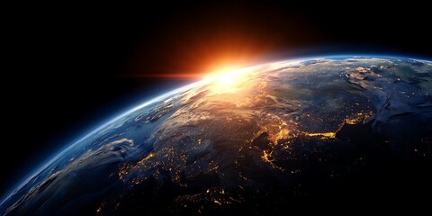 A close up of the Earth with the sun rising over it.