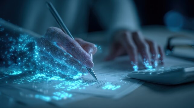 Innovative Technology Enhancing Financial Analysis: Person Calculating Data with Digital Overlay for Modern Business Solutions - Powered by Adobe