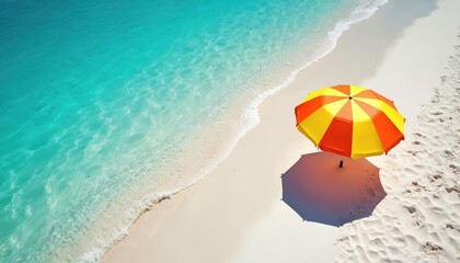 Colorful umbrella on hot summer beach next to clear turquoise ocean water. Offers shade, sense of relaxation, escape. Perfect for sale or promotion message with vibrant, affordable lifestyle imagery.