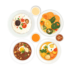 Overhead View of Various Cooked Dishes on White Plates Isolated on White Background Offering a Colorful Arrangement