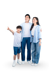 A Asian family of three standing close together, looking up with a smile. The father and mother are embracing each other while the son is pointing his finger upwards with png background