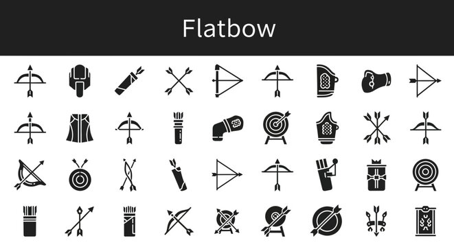 Flatbow icons set: archery, hunting, and ancient weapon symbols.