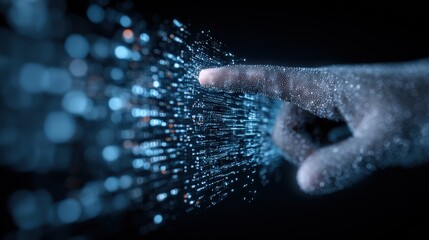 Futuristic Technology Interface: Finger Touching Digital Particles, Representing Innovation, Connectivity, and the Digital Future
