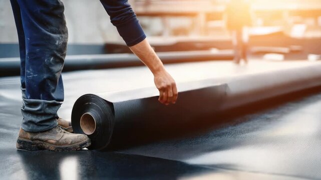 Construction Worker Unrolls Waterproofing Membrane on Commercial Flat Roof for Protection