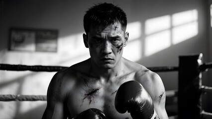 A boxer stands in the ring, visibly bruised and determined, wearing gloves and showing signs of a tough fight.